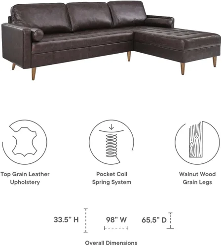 Vista 8 de Modway Valour - Sofá modular de cuero de estilo moderno de 98 pulgadas en color marrón