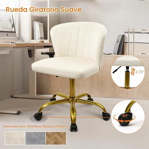 Vista 7 de CLATINA Silla de escritorio de terciopelo para el hogar con ruedas de base dorada, altura ajustable, tapizada, cómoda, ergonómica, sin brazos