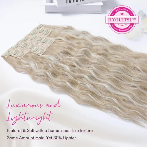 Vista 2 de REECHO Extensiones de cabello con clip, 5 piezas, de 24 pulgadas, de color rubio ceniza, extensiones de cabello con ondas largas y sueltas, HE002