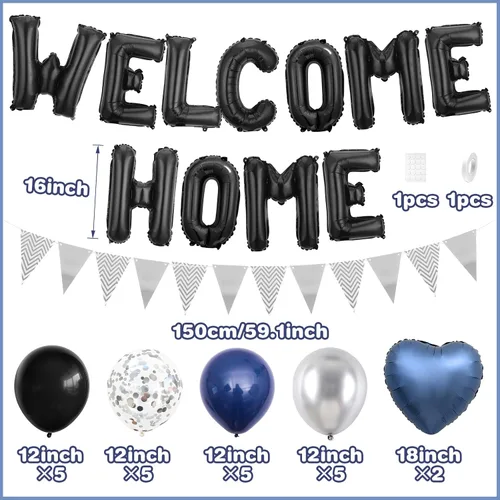 Vista 2 de Decoraciones Welcome Home Negro Azul Plateado, Pancarta de Globos de Papel de Aluminio Negro Welcome Home con Globos de Corazón Azul Marino Banderín