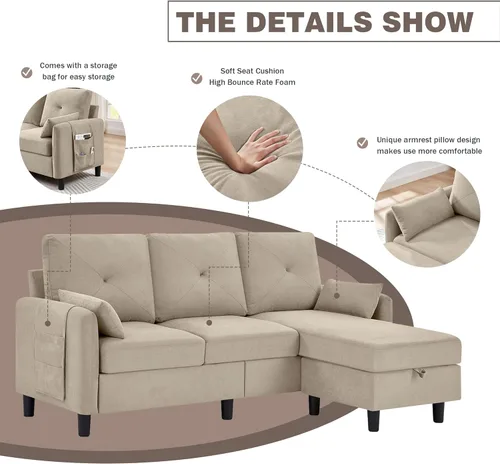 Vista 4 de Sofás Seccionales Convertibles de 77", Sofá en Forma de L de 3 Asientos con Chaise de Almacenamiento y Almohadas Removibles, Sofá Pequeño de Tela