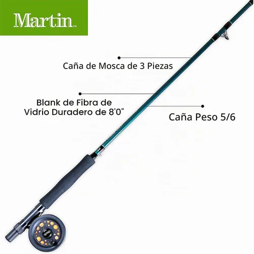 Vista 2 de [Usado] Martin - Kit completo de pesca con mosca, caña de pescar con mosca de 3 piezas de 8 pies 5/6 de peso, carrete de control de borde
