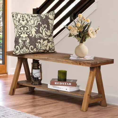 Vista 7 de Wnutrees 30" Farmhouse Solid Wood Bench, Rustic Indoor Storage Bench