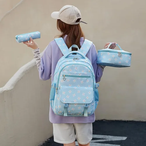 Vista 2 de Sugaroom Mochila escolar con lonchera para niñas adolescentes, Flor azul, Mochila floral con lonchera y bolsa para lápices