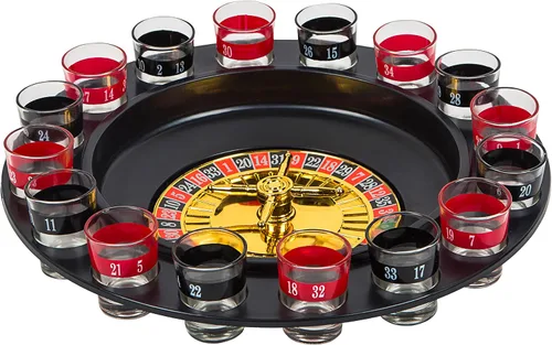 Vista 6 de BETTERLINE Juego de cartas de póquer y ruleta de vaso de chupito - Rueda giratoria, 2 bolas y 16 vasos de chupito - Casino Juegos de fiesta