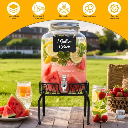 Vista 3 de Dispensador de bebidas de vidrio con soporte y tapa, un paquete de 2 galones con espita - Dispensadores de bebidas de vidrio para fiestas, bodas