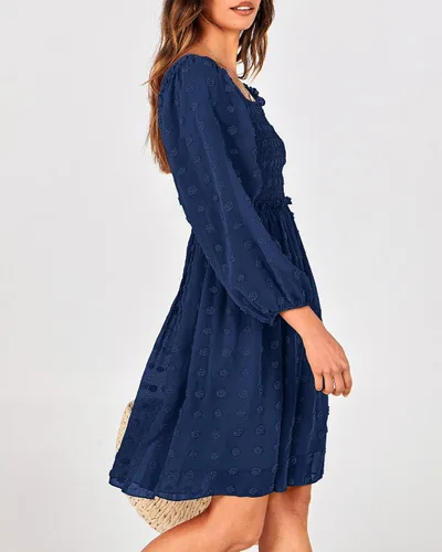 Vista 4 de BTFBM Vestidos fruncidos con cuello cuadrado para mujer, verano, otoño, manga larga, floral, lunares suizos, volantes, mini vestido bohemio