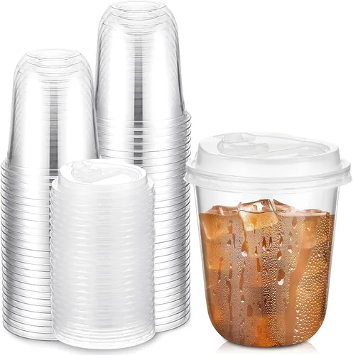 Vista 9 de Baderke Juego de 25 vasos de plástico transparente de 14 onzas con tapas, tazas de café helado resistentes con tapas, vasos de plástico desechables