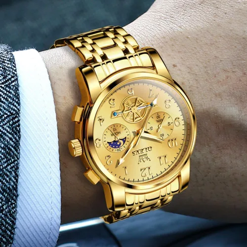 Vista 5 de OUPINKE Reloj para hombre analógico de cuarzo de acero inoxidable, impermeable, luminoso, fase lunar, cronógrafo, vestido de negocios de lujo