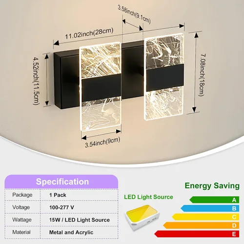 Vista 5 de Moderna lámpara LED de baño, regulable, 2 luces, color negro, 5CCT, ajustable, luces de tocador sobre el espejo, luces LED de acrílico ahumado