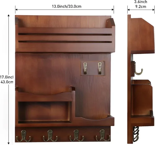 Vista 4 de Soporte para llaves de pared, organizador de correo montado en la pared con 6 ganchos de metal para llaves, estantes para decoración de entrada