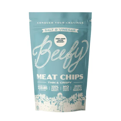 Vista 23 de BEEFY Meat Chips - Mostaza Miel - 2.5oz. 100% Prime Brisket. 13g de proteína por onza.