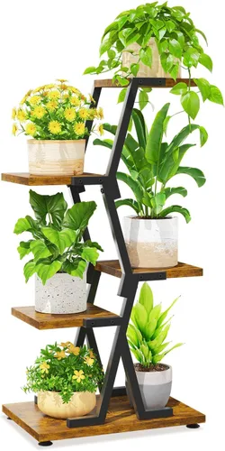 Vista 11 de LASZOLA Soporte para plantas de 5 niveles alto de madera y metal para interiores para macetas de servicio pesado, estante vertical grande