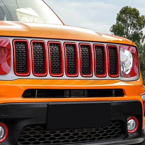 Vista 2 de Juego de 7 insertos de malla de rejilla frontal ABS Rejilla Cubiertas de malla Kit de molduras para Jeep Renegade 2019 2020 2021 (rojo)