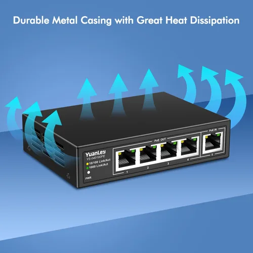 Vista 5 de Yuanley extensor PoE de 5 puertos Gigabit con 4 salidas PoE, 90W de entrada, mini interruptor de 5 canales de 1000Mbps IEEE 802.3af/at/bt, carcasa