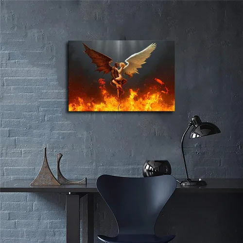 Vista 3 de Leotear Lienzo de arte con alas de ángel y diablo y ángel con plumas blancas y negras, arte de pared, póster impreso en alta definición sobre