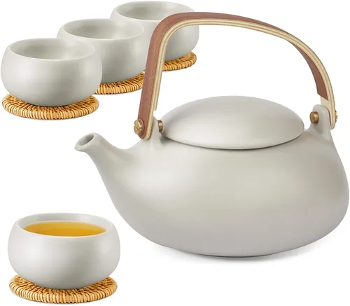 Vista 9 de Tetera ZENS con infusor, tetera de cerámica japonesa de 2 tazas para té de hojas sueltas, tetera de porcelana mate blanca pequeña de 800 ml