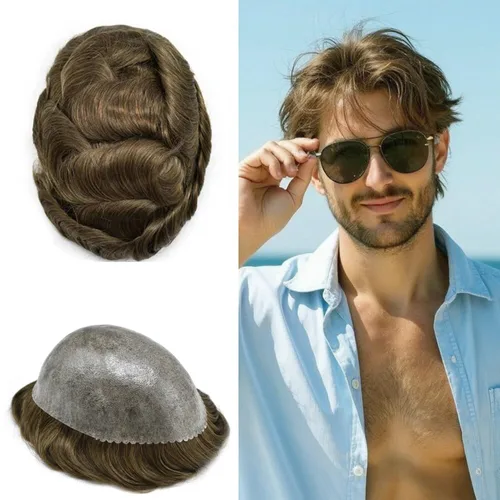 Vista 45 de Toupee for Men Hair Piece Real Human Hair Full Poly Skin Mens Toupee Mens Hair System Injected PU Hair System Invisible Hairpiece for