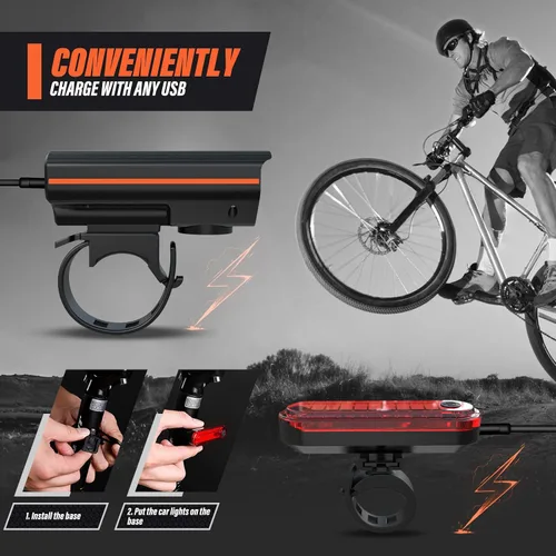 Vista 4 de Rechargeable Bike Lights, Ultra Bright Bike Lights for Night Riding, Road Mountain Bike Accessories for Kids Adults - Headlight with Tail Light