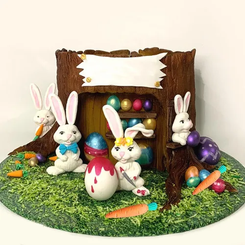 Vista 4 de Molde de silicona 3D de conejo de Pascua, moldes de chocolate con zanahoria de conejo grande, huevos de conejo, oreja, margarita, flores, dulces