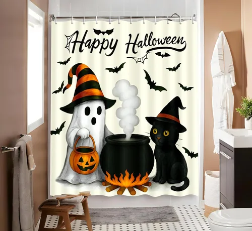 Vista 2 de Tieshankao Decoración de baño de Halloween, cortina de ducha de calabaza fantasma, gato, decoración espeluznante con 12 ganchos de 72 x 72 pulgadas