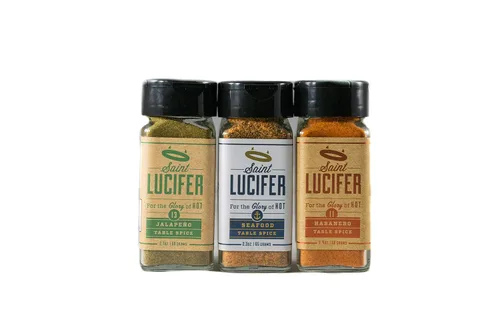 Vista 7 de Saint Lucifer, Paquete triple combinado, 3 condimentos de habanero, jalapeño y mariscos, fabricados en los Estados Unidos, sin gluten, sin azúcar