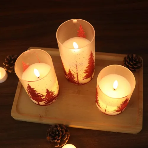 Vista 3 de Velas de Cristal sin Llama de Árbol de Navidad con Control Remoto Temporizador Operadas con Batería Cera Real Mecha 3D LED Parpadeantes Velas