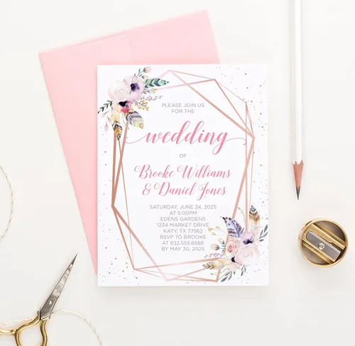 Vista 2 de Modern Pink Paper Invitación de boda de oro rosa, invitación bohemia personalizada con plumas, invitación rústica con sobres, tu elección