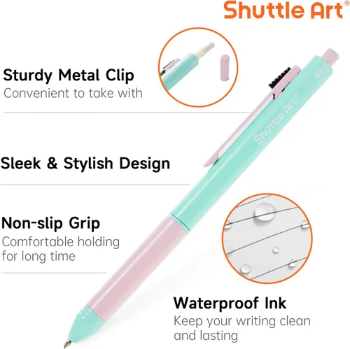 Vista 4 de Shuttle Art Bolígrafo multicolor 4 en 1 activado por gravedad, paquete de 2 bolígrafos retráctiles con tinta negra, azul y roja de 0.039 in y lápiz