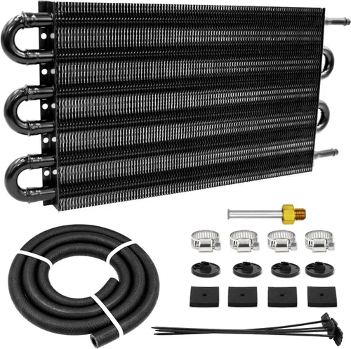 Vista 8 de Kit enfriador de transmisión de tubos y aletas Ultra-Cool de 4 pasos universal 402 de aluminio negro con kit de enfriador de aceite de 5/16