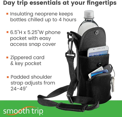 Vista 2 de Smooth Trip One Size Stretch Water Bottle Holder with Strap - Insulating Neoprene Bottle Holder for Walking with Storage and Phone Pocket, Fits up