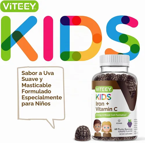 Vista 2 de Viteey - Hierro para niños con vitamina C, sabrosa gomita masticable con sabor a uva Supports Energy, Blood Cell Formulation, Blood Builder Anemia