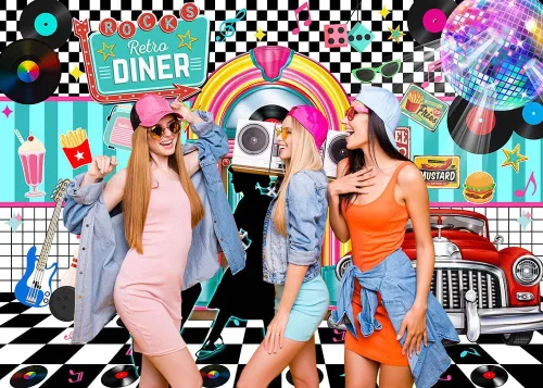 Vista 3 de Avezano Fondo retro de 7 x 5 pies de regreso a los años 50 Rock and Roll Retro Diner Disco Danza Fotografía Fondo de los años 50 Fiesta Tema Banner