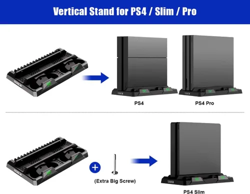 Vista 2 de ElecGear PS4 soporte vertical y estación de carga con ventilador de refrigeración base de carga para Playstation 4 para controlador DualShock 4 kit