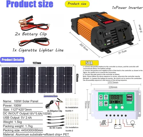 Vista 4 de Kit de inversor solar de 4000 W/6000 W con paneles de 100 W y controlador de carga de 50 A, sistema de energía fuera de la red para respaldo