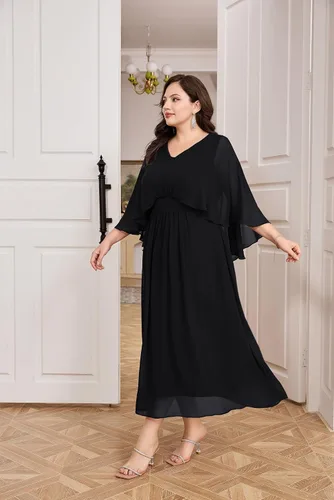 Vista 3 de Hanna Nikole Vestido de fiesta de noche de gasa con cuello en V para mujer, talla grande, manga capa, maxi vestidos para invitados de boda