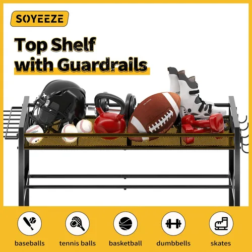 Vista 4 de SOYEEZE Organizador de equipo deportivo, almacenamiento de pelotas para garaje, almacenamiento de juguetes al aire libre de 4 niveles, bastidores