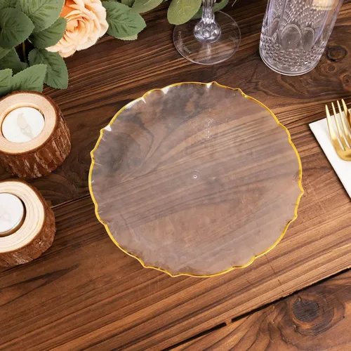 Vista 8 de Efavormart - Paquete de 10 platos de postre de plástico transparente con girasol con borde festoneado dorado, platos redondos desechables para Claro