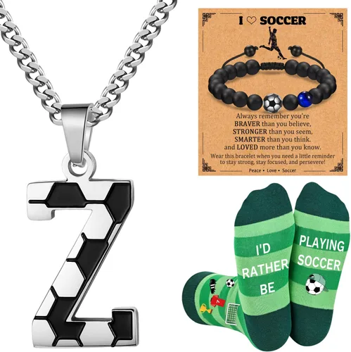 Vista 28 de Soccer Gifts Set A-Z Letter Soccer Necklace for Men Novelty Soccer Socks&Soccer Bracelets for Soccer Lovers