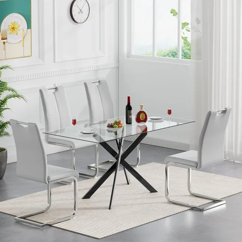 Vista 16 de SSLine Mesa de comedor moderna de cristal, rectangular de 51 pulgadas, color negro con patas de metal diseñadas en X para cocina y comedor