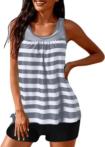 Vista 3 de Tankini Swimsuits for Women 2 Piece Bathing Suits 2024 Fashion Swim Tank Top with Boy Shorts Striped Printed Modest Swimwear
