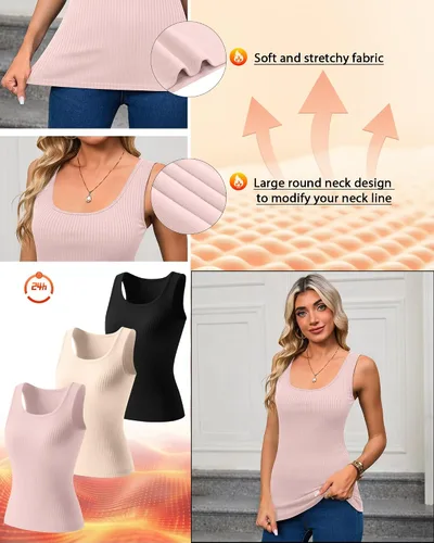 Vista 3 de Paquete de 3 camisetas térmicas sin mangas acanaladas para mujer, de forro polar de algodón, cuello redondo, ajustadas, capa base de camisola
