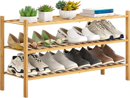 Vista 10 de Zapatero de bambú apilable para zapatos, organizador de almacenamiento para unidad, entrada, pasillo y armario, estante resistente independiente