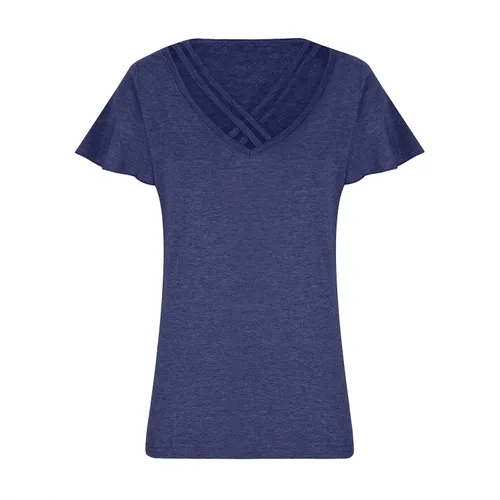 Vista 3 de Lastesso Camisetas de moda de verano para mujer, manga corta, cuello en V, blusas sólidas sueltas con volantes