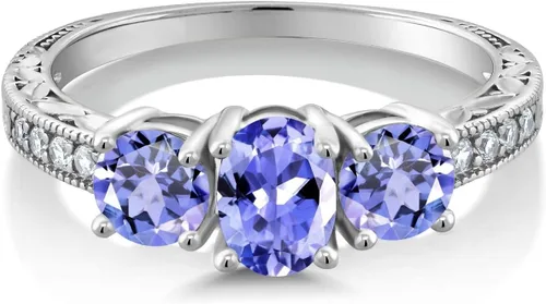 Vista 70 de Gem Stone King Anillo de compromiso de 3 piedras preciosas de oro blanco de 10 quilates con piedra natal y diamantes cultivados en laboratorio