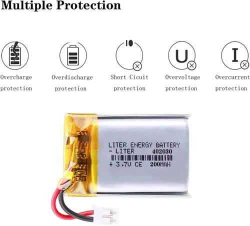 Vista 4 de Liter 3.7V 200mAh 402030 Lipo Batería recargable de iones de polímero de litio con conector JST 0.079 in
