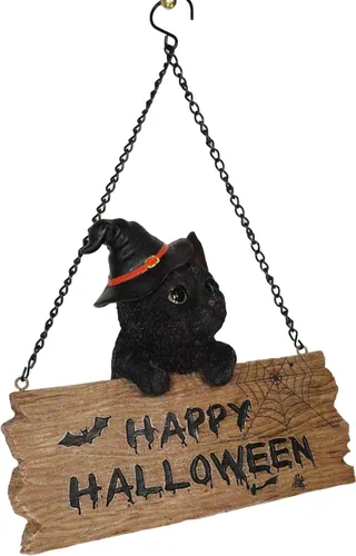 Vista 2 de Ebros Adorable gatito negro realista con sombrero de bruja sosteniendo Happy Halloween tablón letrero rama pared colgante figura Halloween brujas
