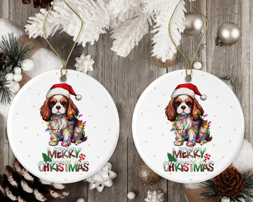 Vista 2 de Cavalier King Charles Spaniel, adorno de Feliz Navidad, adorno de primera Navidad, adorno de Cavalier King Charles Spaniel, adornos de cerámica
