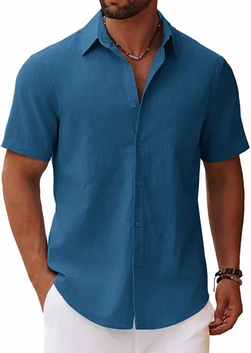 Vista 23 de COOFANDY Camisa de manga corta con botones para hombre, casual, de algodón, para verano, playa, lino, para boda, con bolsillo