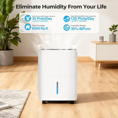 Vista 2 de COWSAR Deshumidificador de 80 pintas para sótano de oficina en casa con manguera de drenaje, ahorro de energía, pantalla LED frontal, tanque de agua